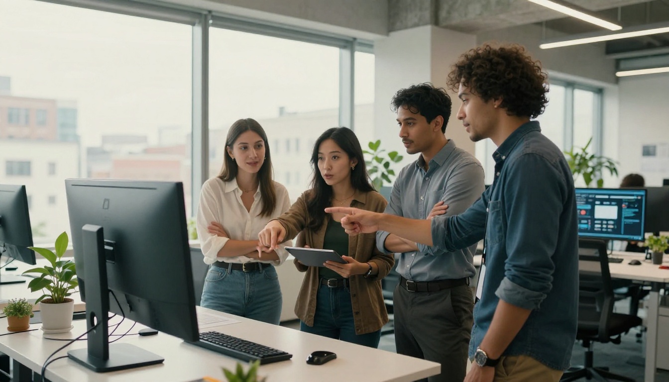Creative professionals collaborating around AI dashboard in bright open-plan office
