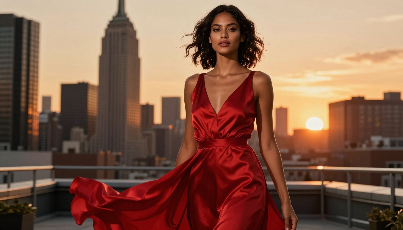 Fashion editorial AI image, woman in red silk gown on rooftop at golden hour NYC skyline