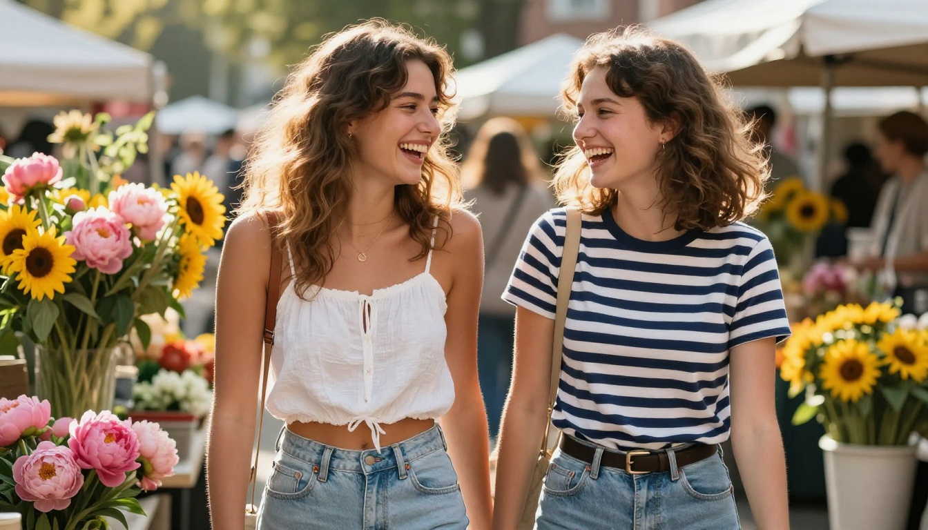 Candid lifestyle photography, two women laughing at outdoor farmers market with flowers