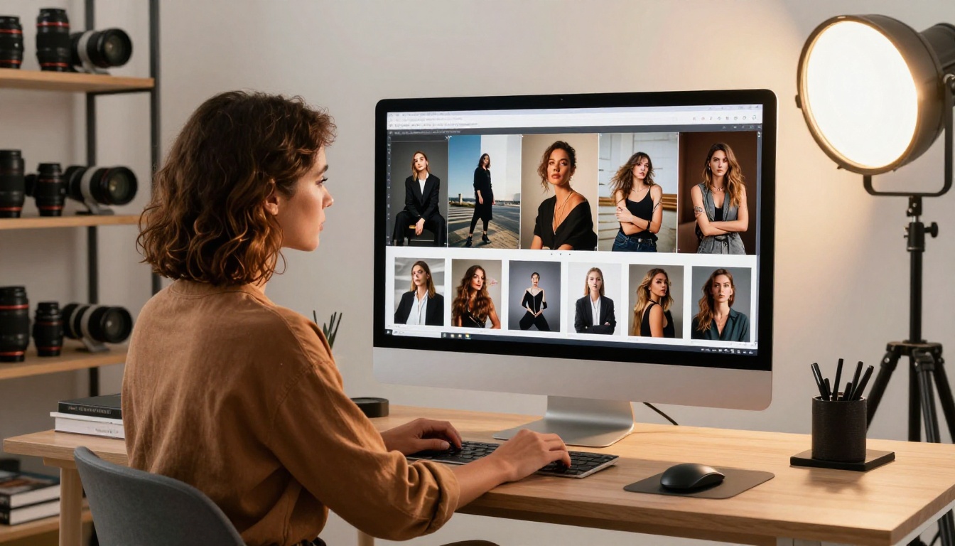 PicassoIA platform image review, photographer at workstation with ultra-wide monitor