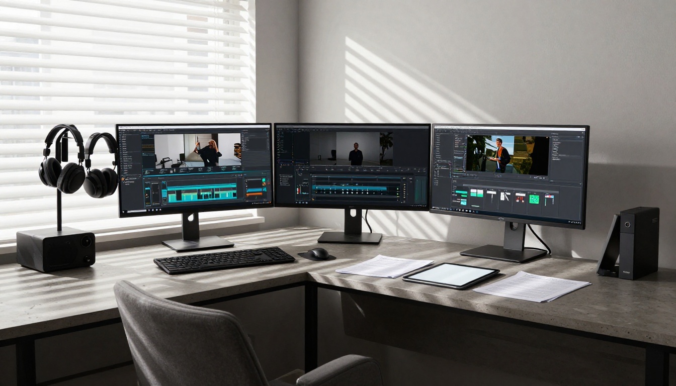 Modern home office with dual workflow zones for video production and text creation
