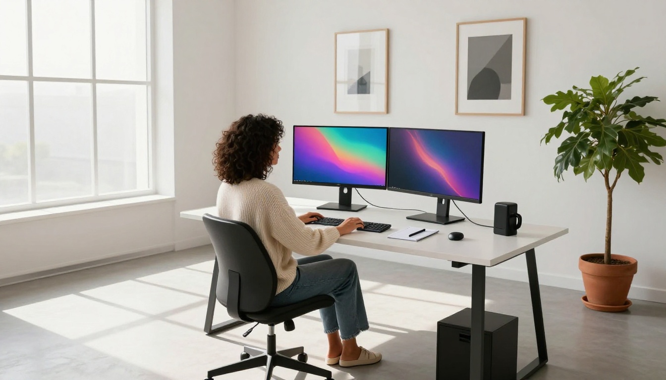 Bright home studio setup, woman at dual monitors, natural north light Bright home studio setup, woman at dual monitors, natural north light