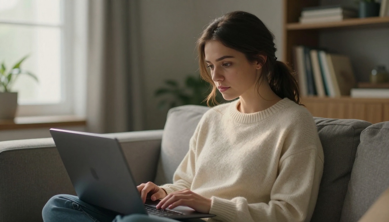 Young woman on a couch with laptop reading intently in warm natural window light Young woman on a couch with laptop reading intently in warm natural window light
