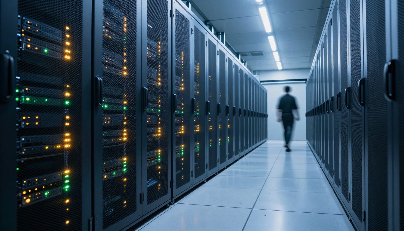 Server rack corridor with blinking amber and green indicator lights in a data center Server rack corridor with blinking amber and green indicator lights in a data center