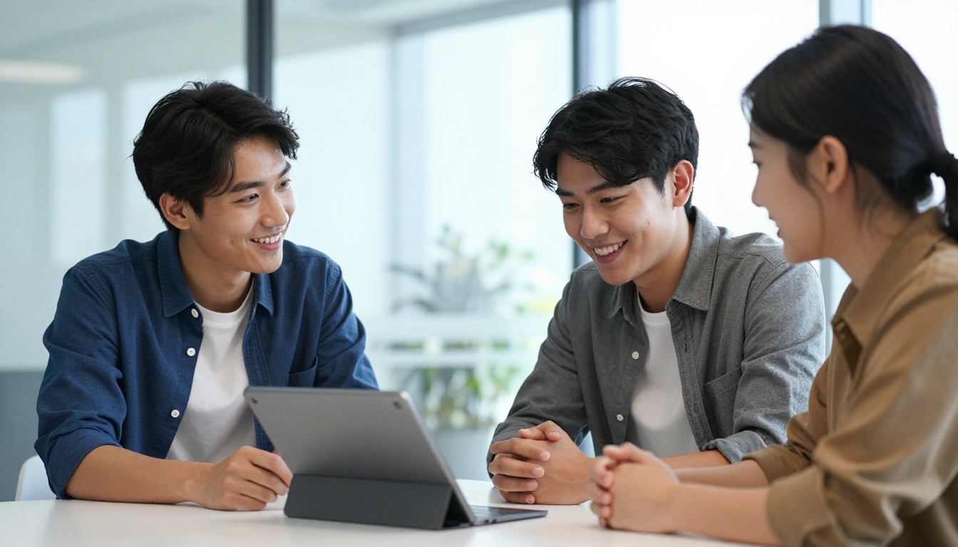 Two professionals in candid discussion over a tablet near a bright modern office window Two professionals in candid discussion over a tablet near a bright modern office window