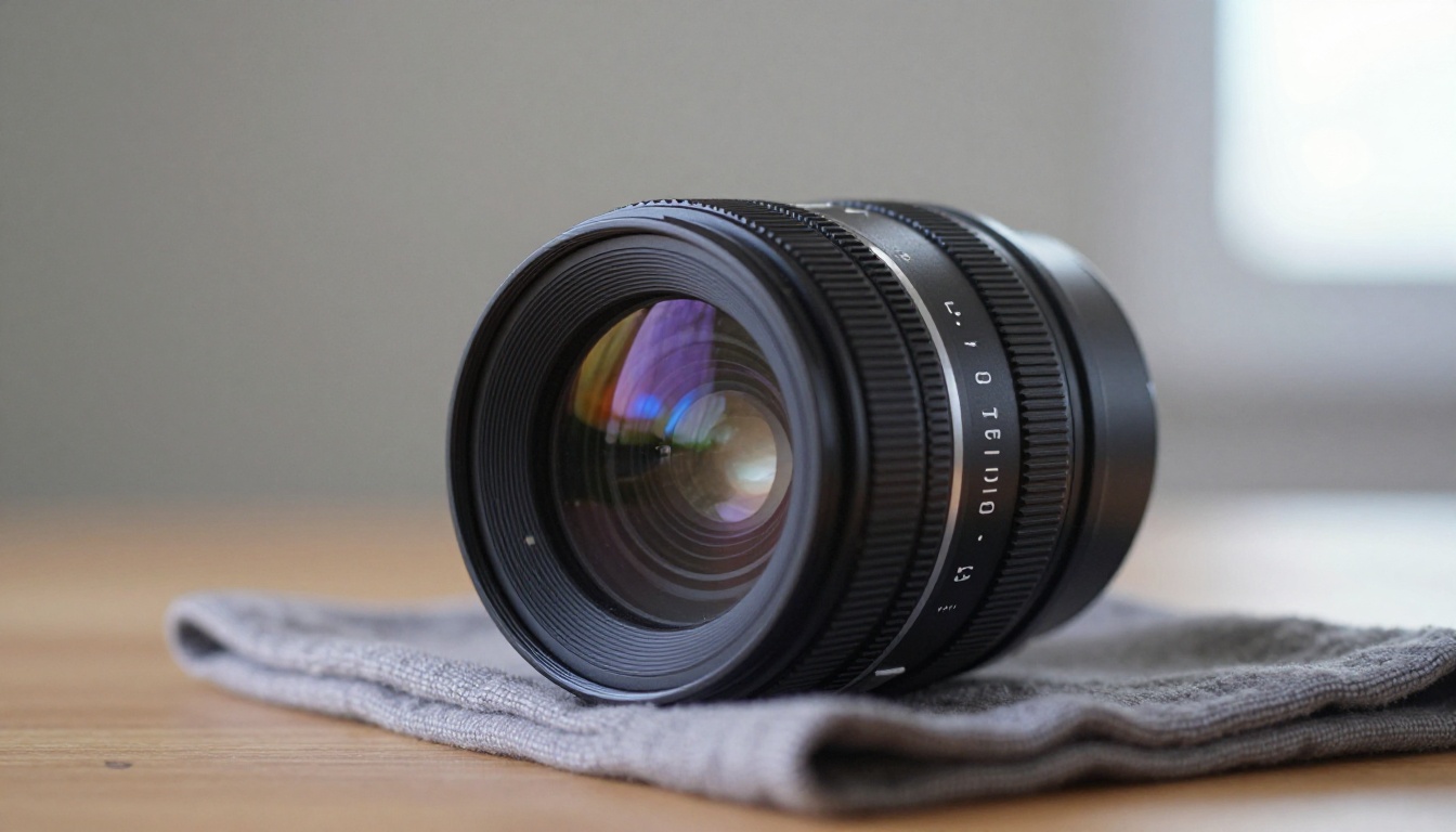 Close-up of a cinema prime lens resting on cloth Close-up of a cinema prime lens resting on cloth
