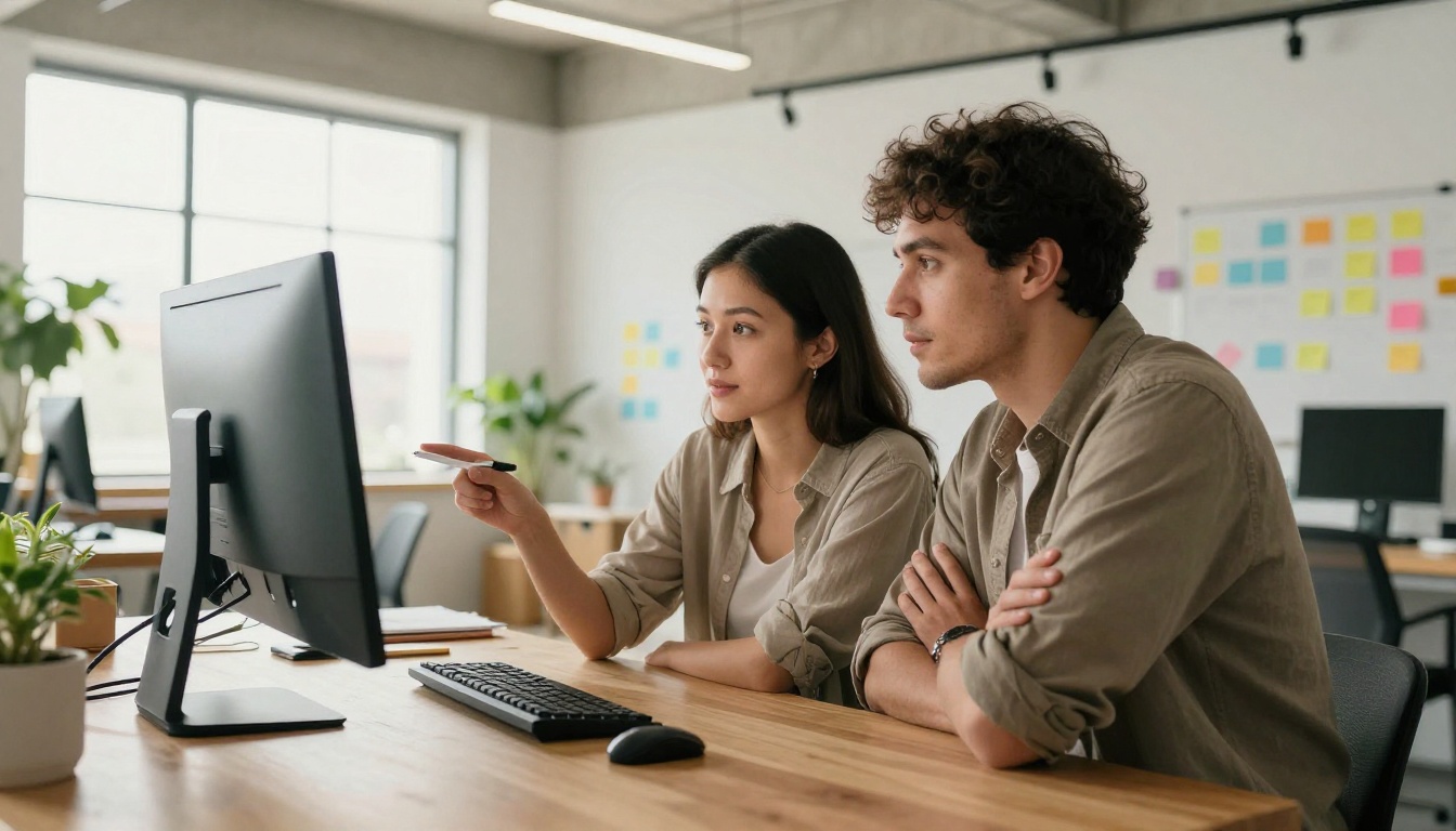 Two creators collaborating at a bright open-plan workstation Two creators collaborating at a bright open-plan workstation
