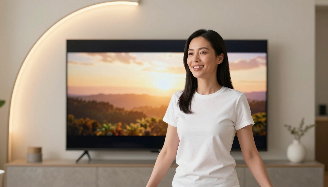 Woman reviewing finished cinematic video on a large screen Woman reviewing finished cinematic video on a large screen