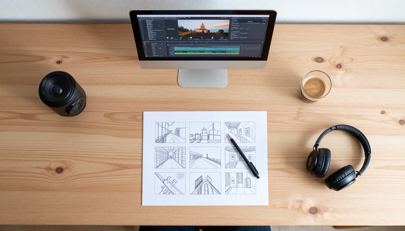 Aerial flat-lay desk with storyboard, headphones, and espresso Aerial flat-lay desk with storyboard, headphones, and espresso