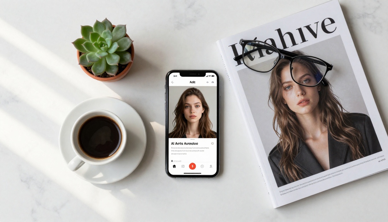 Smartphone showing AI art interface beside printed photo, marble surface, overhead flat lay