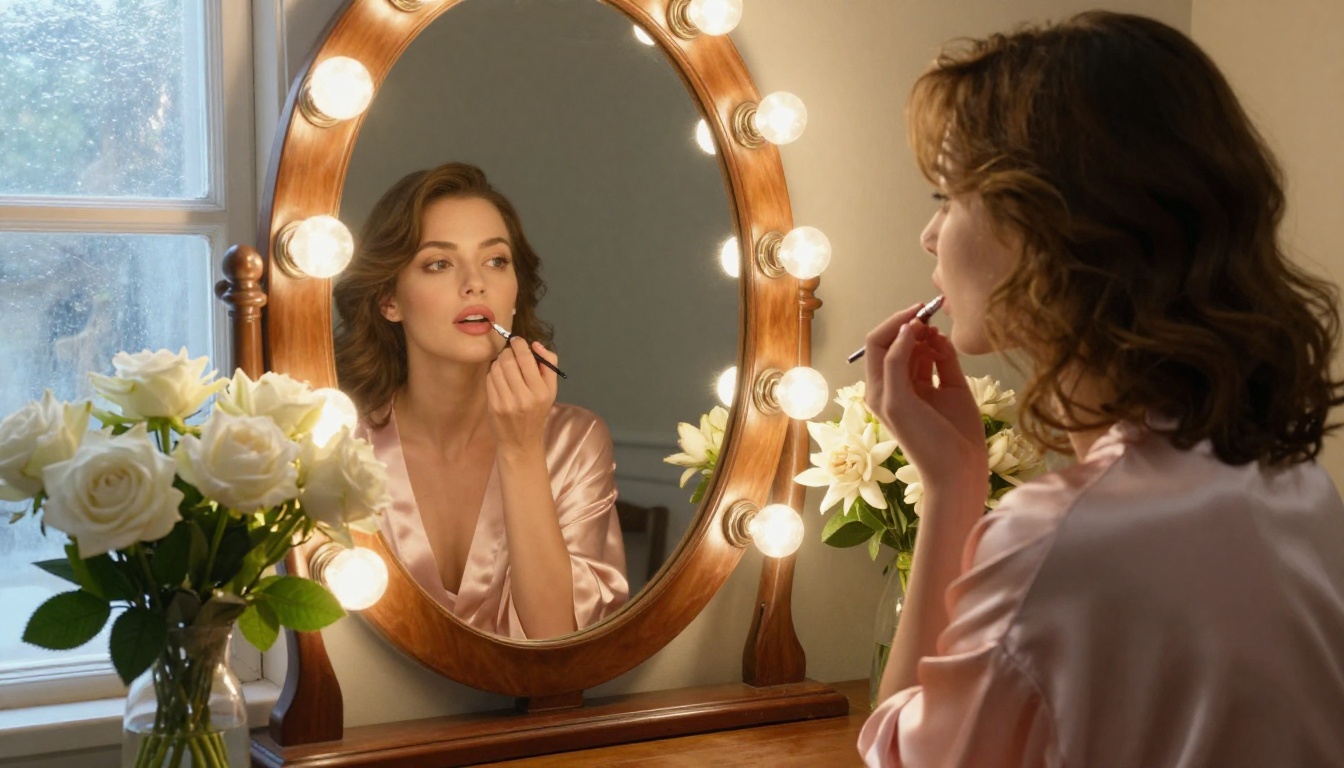 Woman applying makeup at vintage vanity mirror, silk robe, warm Edison bulb lighting