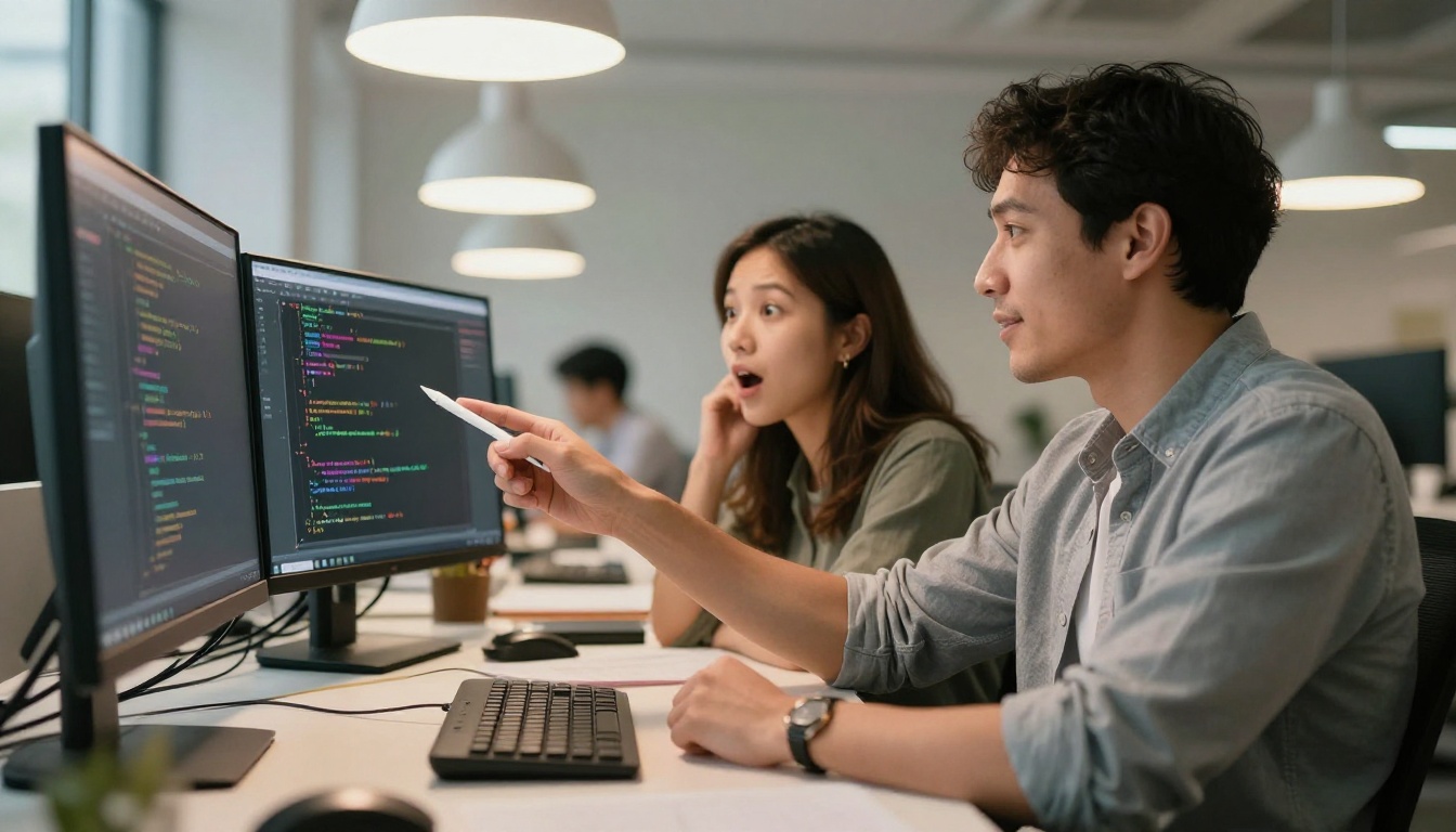 Two developers collaborating at a shared workstation, woman pointing at code with a stylus