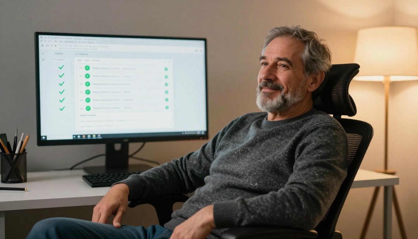 Senior developer leaning back in chair satisfied, monitor behind showing all unit tests passing