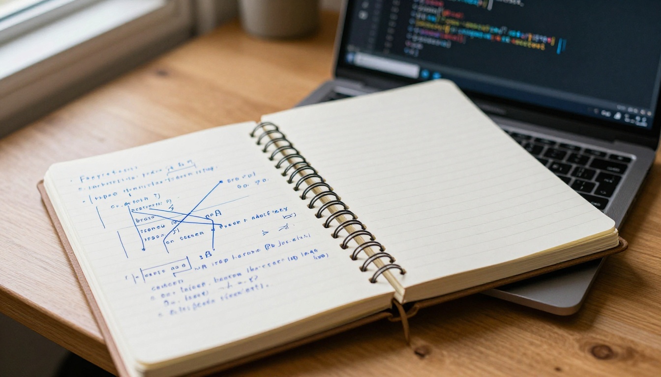 Open spiral notebook with handwritten pseudocode beside laptop showing generated Python code