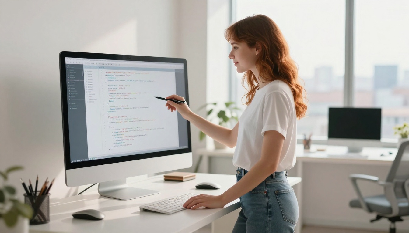Young woman developer with auburn hair standing at desk reviewing code with city view behind her