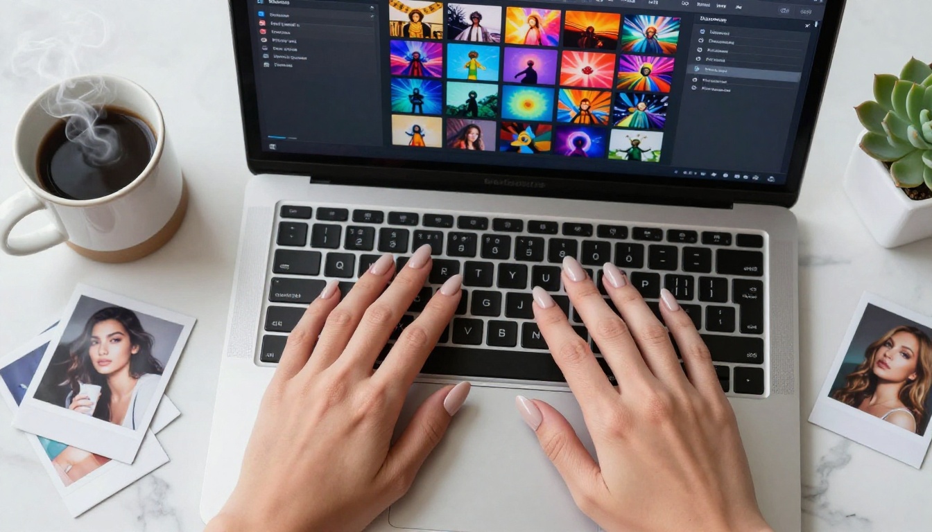 AI interface on laptop with hands and polaroid photos on marble desk