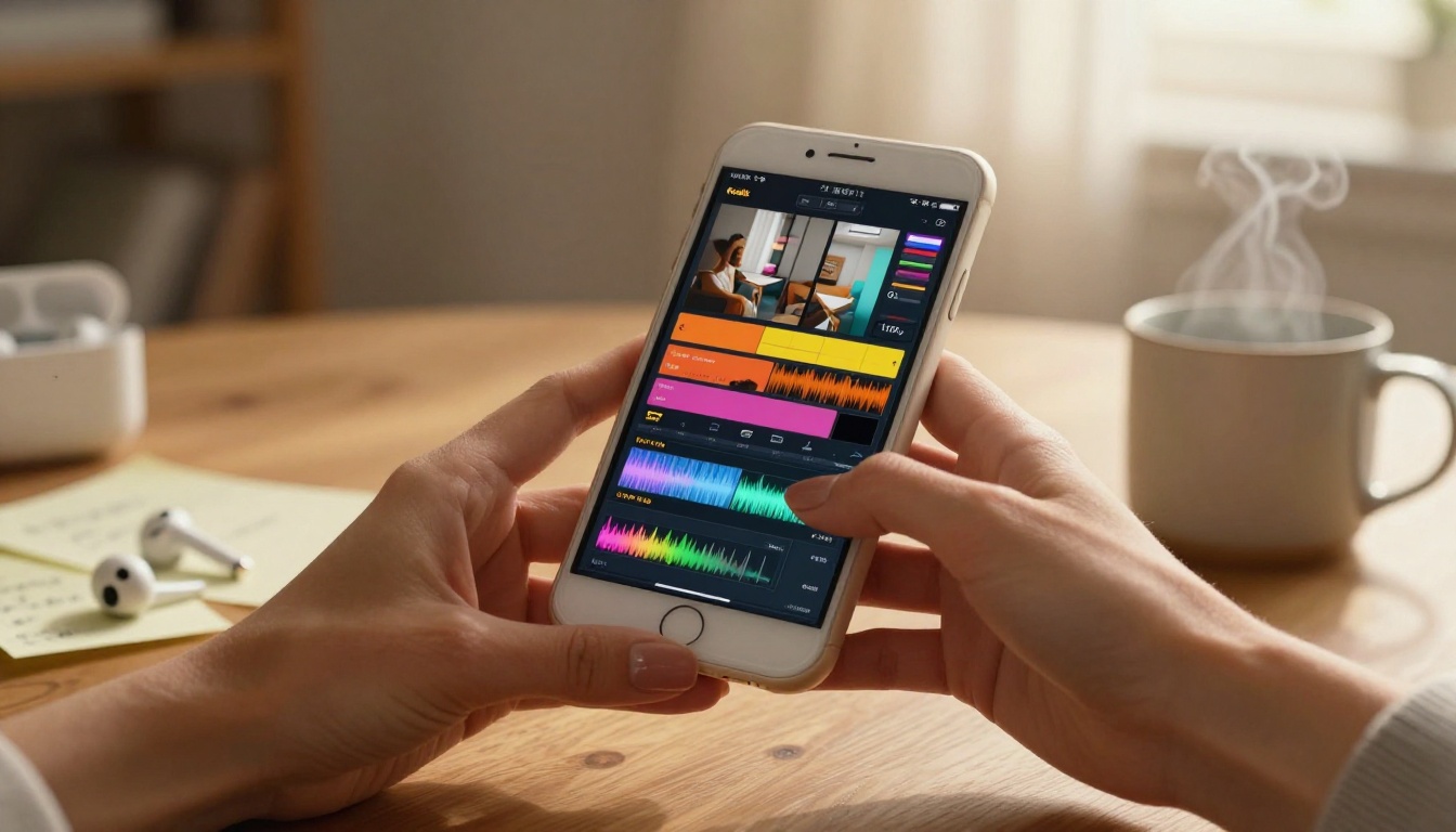 Close-up of hands holding phone showing video editing timeline interface