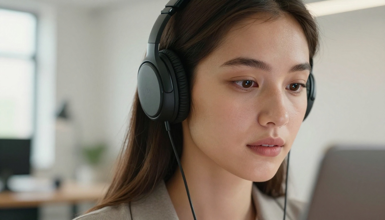 A focused young woman with wireless headphones around her neck looking at a laptop screen with concentration, Rembrandt-style side lighting from a window