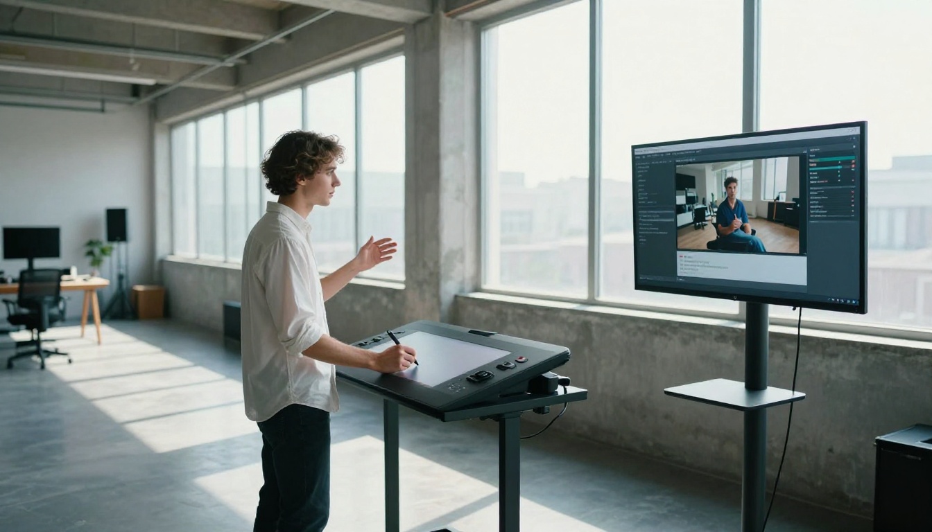 A young man standing at a loft desk in bright morning light, one hand on a stylus tablet, gesturing toward a monitor showing a video prompt input interface
