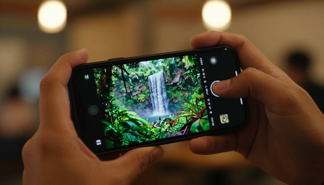 A hand holding a smartphone showing a lush tropical AI-generated waterfall video frame, warm amber bokeh in the background