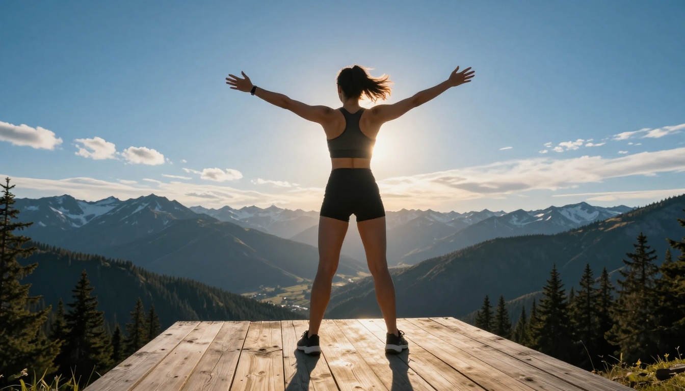 Athletic woman on mountain viewpoint platform with dramatic landscape background