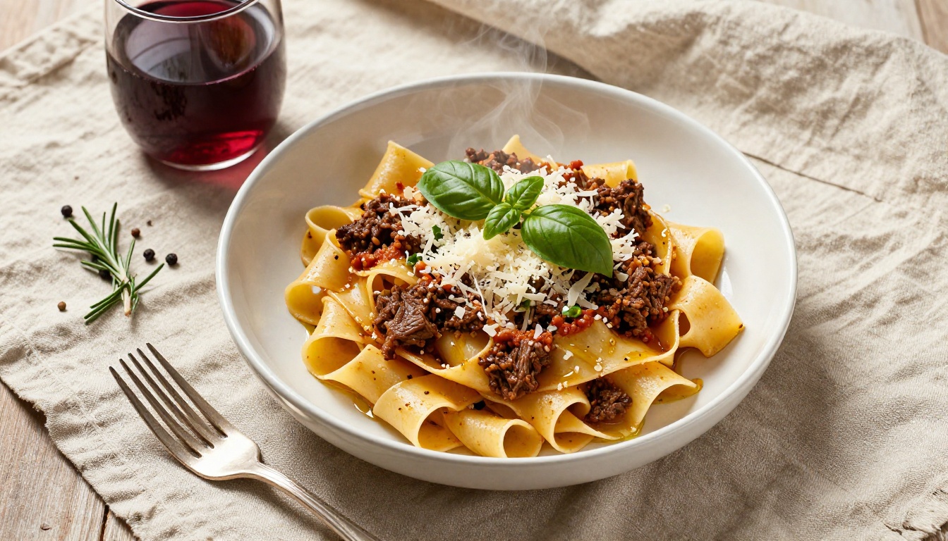 Overhead flatlay of rustic Italian pappardelle with braised beef ragu, fresh basil, parmesan, olive oil drizzle, worn linen tablecloth, Kodak Ektar film simulation Overhead flatlay of rustic Italian pappardelle with braised beef ragu, fresh basil, parmesan, olive oil drizzle, worn linen tablecloth, Kodak Ektar film simulation