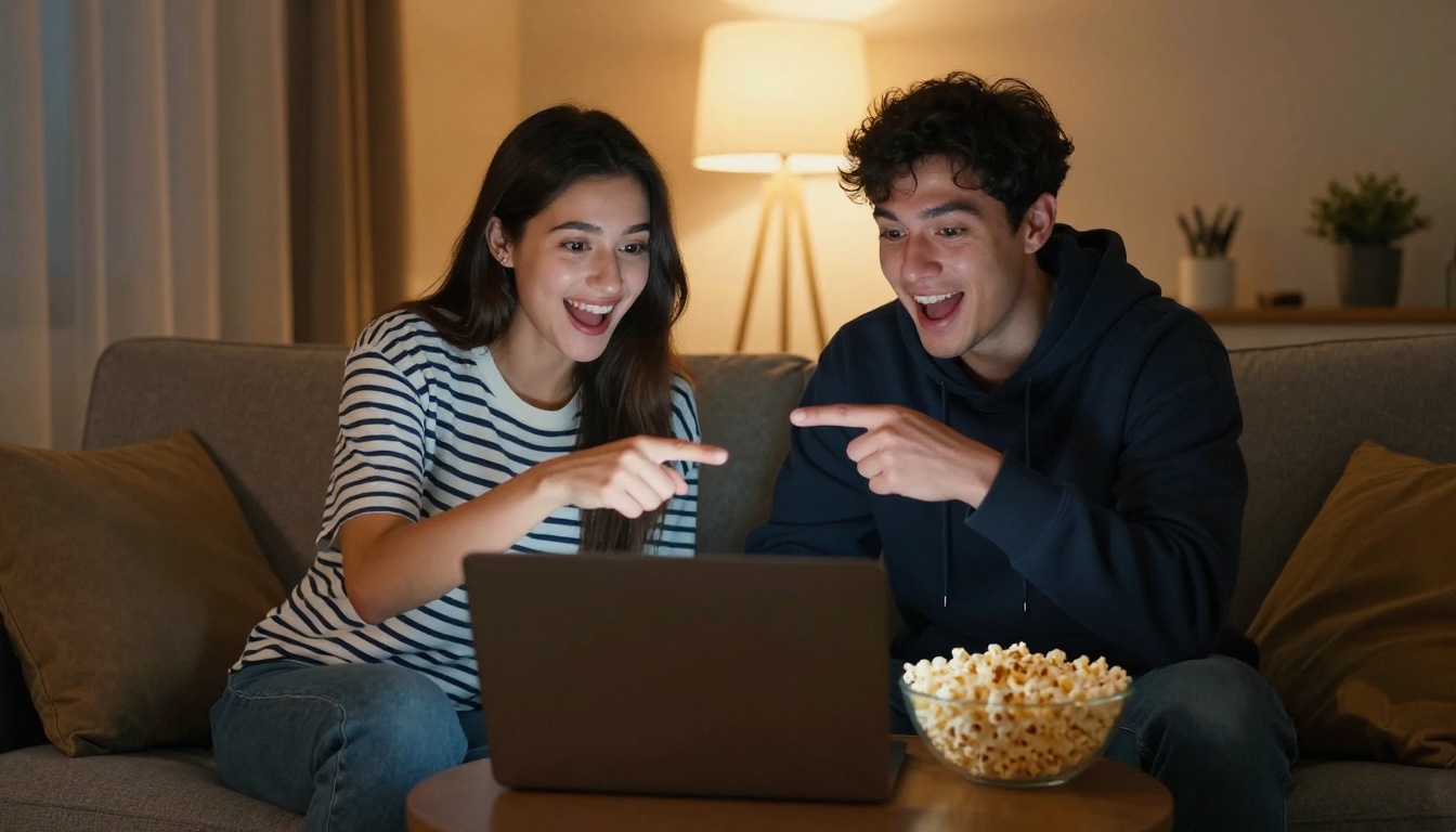 Two friends sitting side by side on a sofa, one pointing excitedly at a laptop screen showing AI-generated video results, warm amber floor lamp light behind them