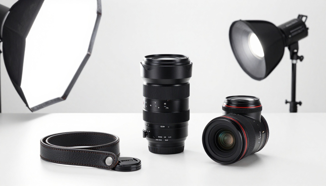 Professional product photography studio with dual softbox lighting and a sleek camera on white background
