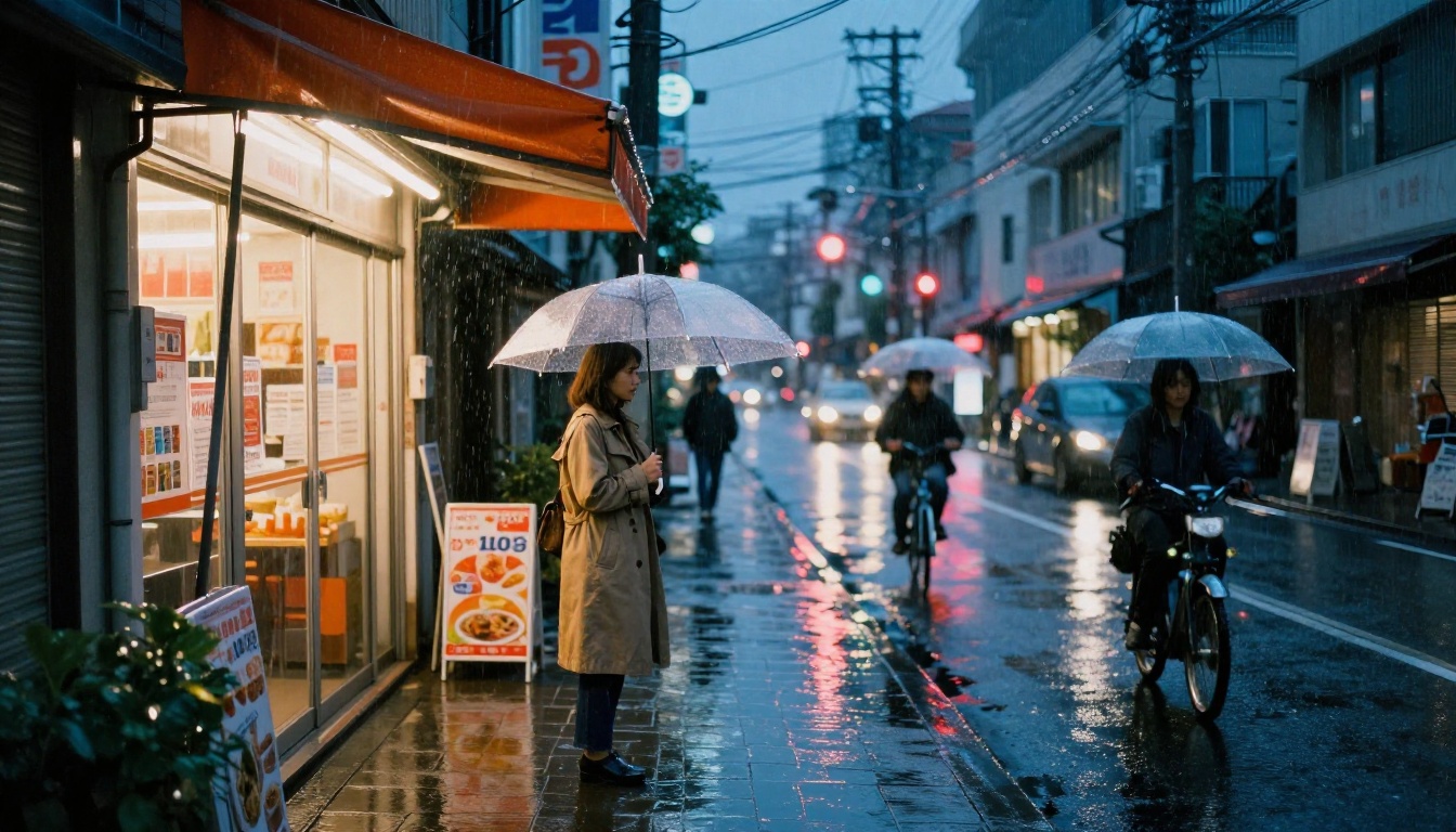 Rainy Tokyo side street at night, woman in beige trench coat under transparent umbrella, wet asphalt reflections, Fujifilm Provia 100F, layered storefronts behind Rainy Tokyo side street at night, woman in beige trench coat under transparent umbrella, wet asphalt reflections, Fujifilm Provia 100F, layered storefronts behind