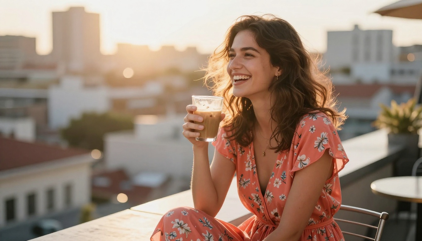 Woman in a coral sundress laughing on a sunny rooftop terrace, lifestyle photography for social media