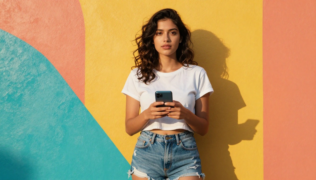 Stylish young creator standing in front of vibrant colorful mural wall