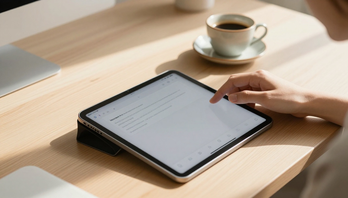 Close-up of hands using an iPad with an AI image generator app open in a minimalist home office