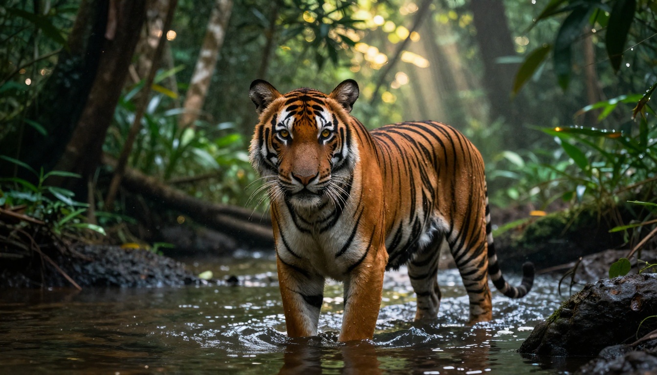 Bengal tiger resting in jungle stream at golden hour, wet orange and black striped fur, amber eye reflection, shallow depth telephoto bokeh, Kodak Portra 400 Bengal tiger resting in jungle stream at golden hour, wet orange and black striped fur, amber eye reflection, shallow depth telephoto bokeh, Kodak Portra 400