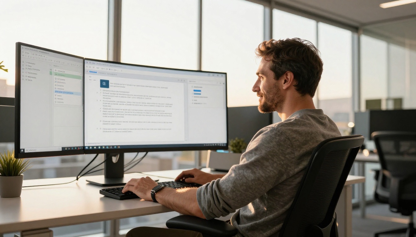 User at tech office satisfied with AI results