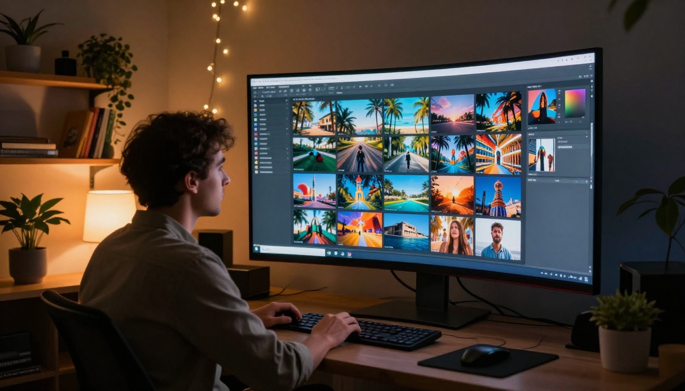 Creative professional at a curved ultrawide monitor at night reviewing a gallery of AI-generated images