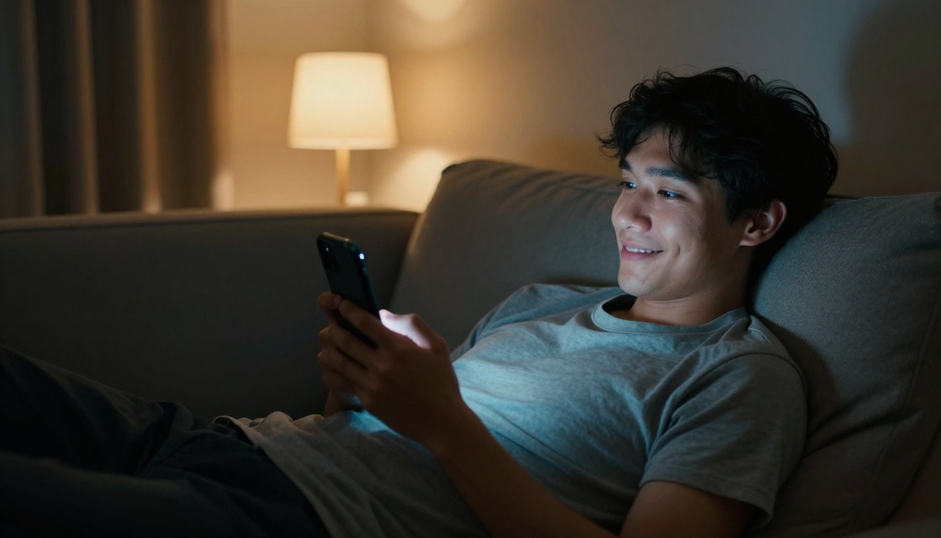 Young man watching short-form videos on phone with face lit by screen glow