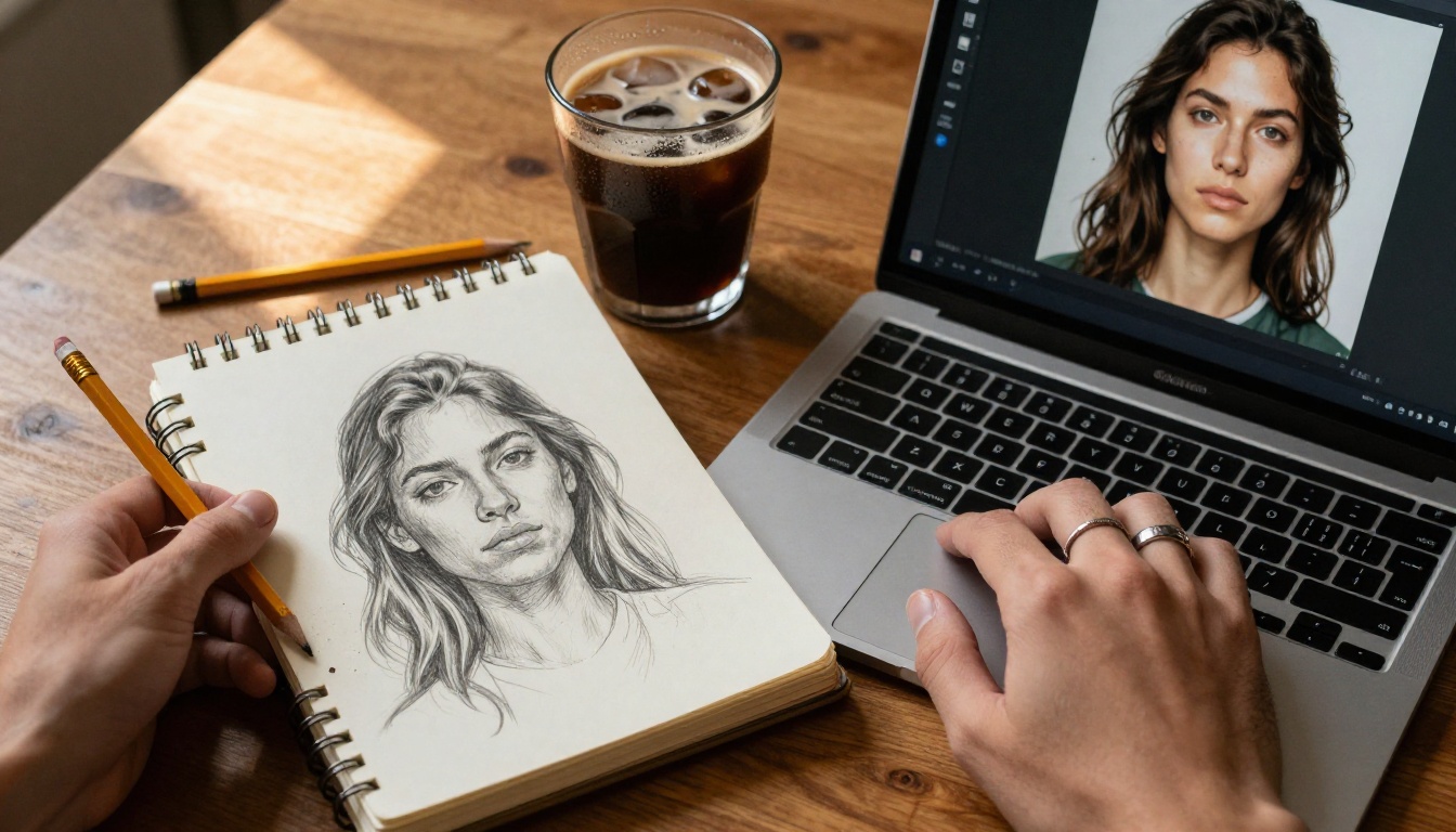 Split composition, left hand holding open sketchbook with pencil portrait drawing, right hand at laptop keyboard showing AI-generated portrait on screen, warm walnut desk Split composition, left hand holding open sketchbook with pencil portrait drawing, right hand at laptop keyboard showing AI-generated portrait on screen, warm walnut desk