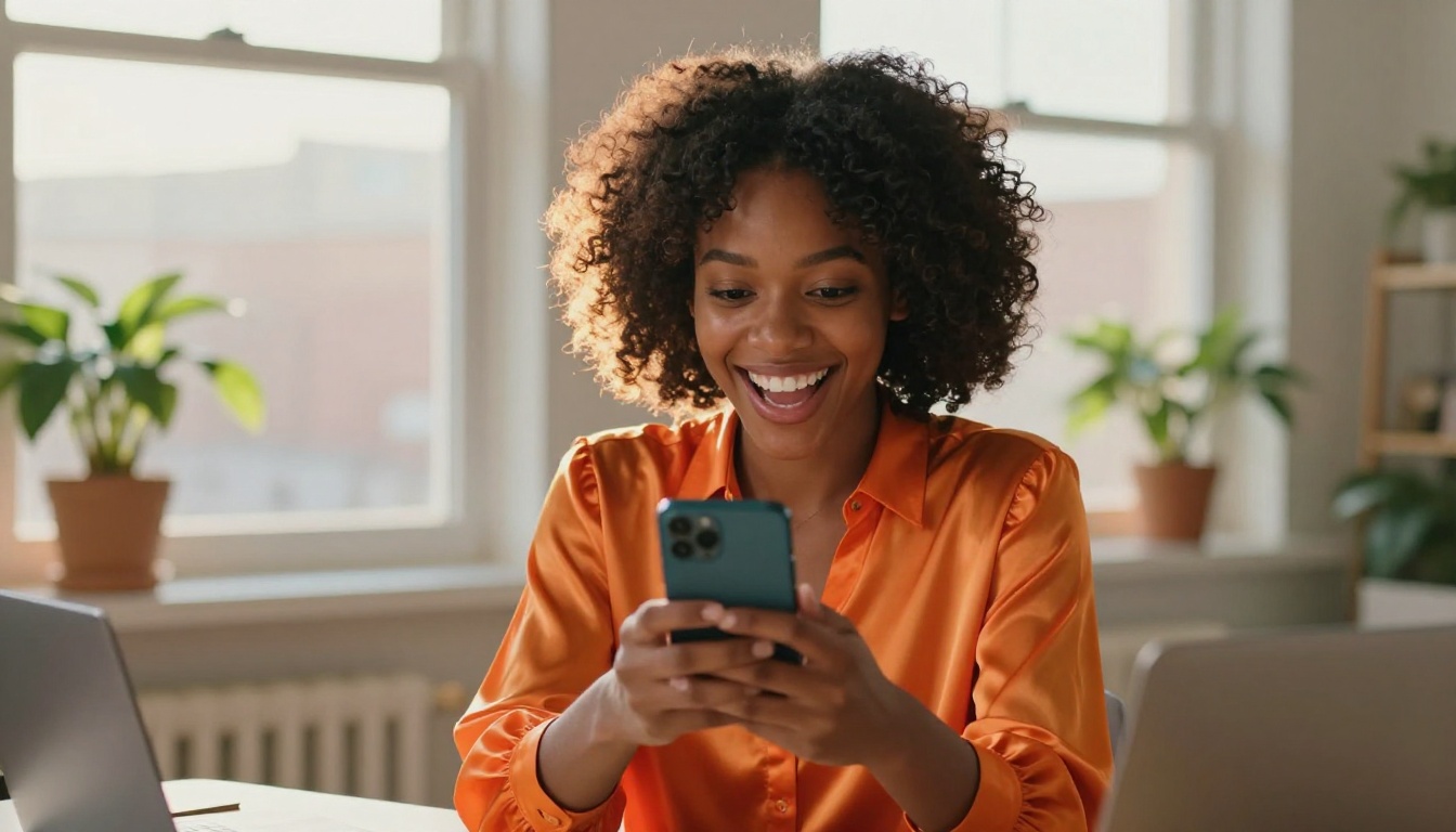 Excited content creator celebrating results with phone raised in both hands at sunny desk