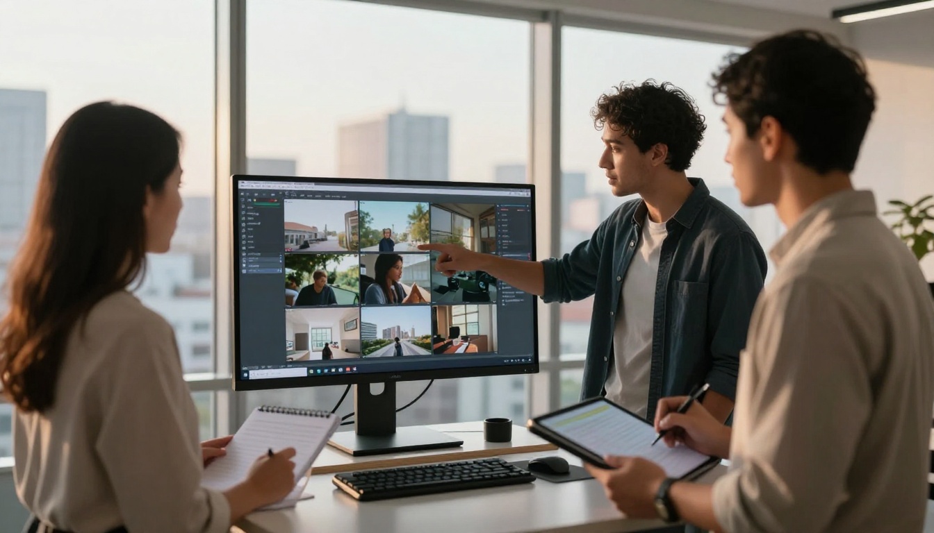 Two creative professionals reviewing AI-generated video together on a large studio monitor Two creative professionals reviewing AI-generated video together on a large studio monitor