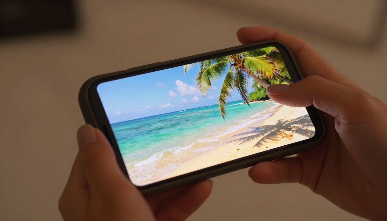 Smartphone held in a hand showing a vivid AI-generated tropical beach video Smartphone held in a hand showing a vivid AI-generated tropical beach video