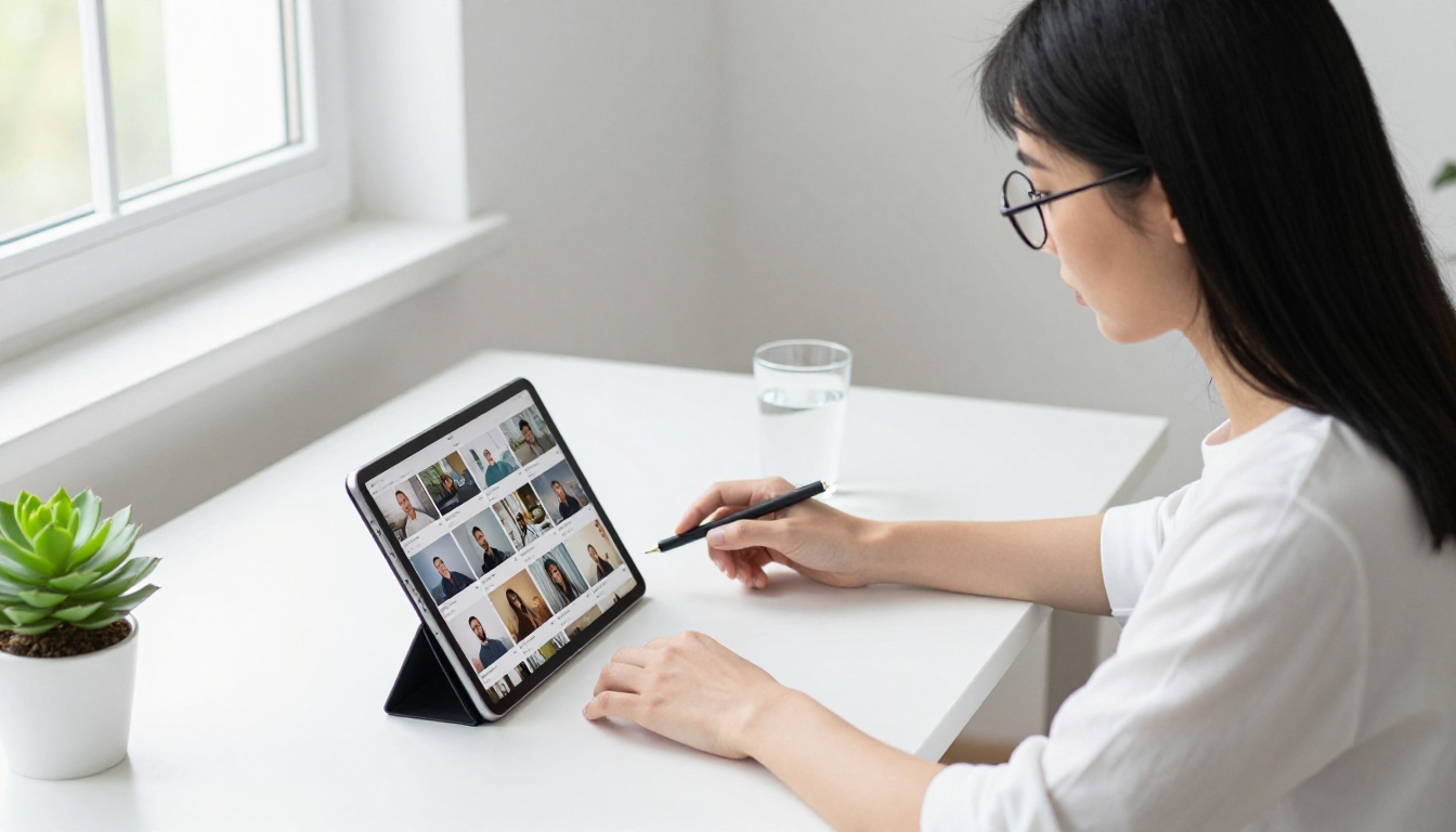 A young woman scrolling through a grid of AI-generated video thumbnails on an iPad at a bright desk A young woman scrolling through a grid of AI-generated video thumbnails on an iPad at a bright desk
