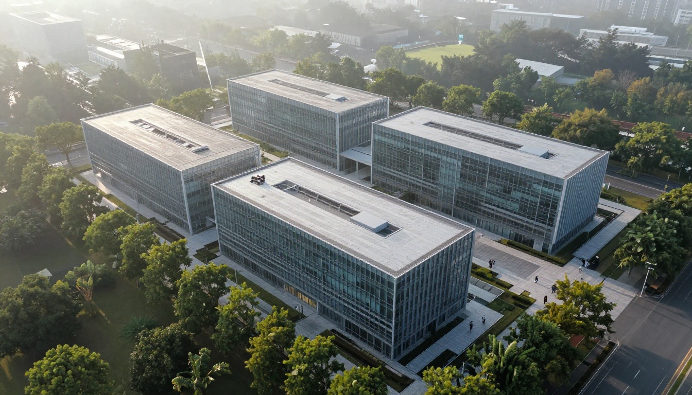 Aerial view of modern tech campus at dawn