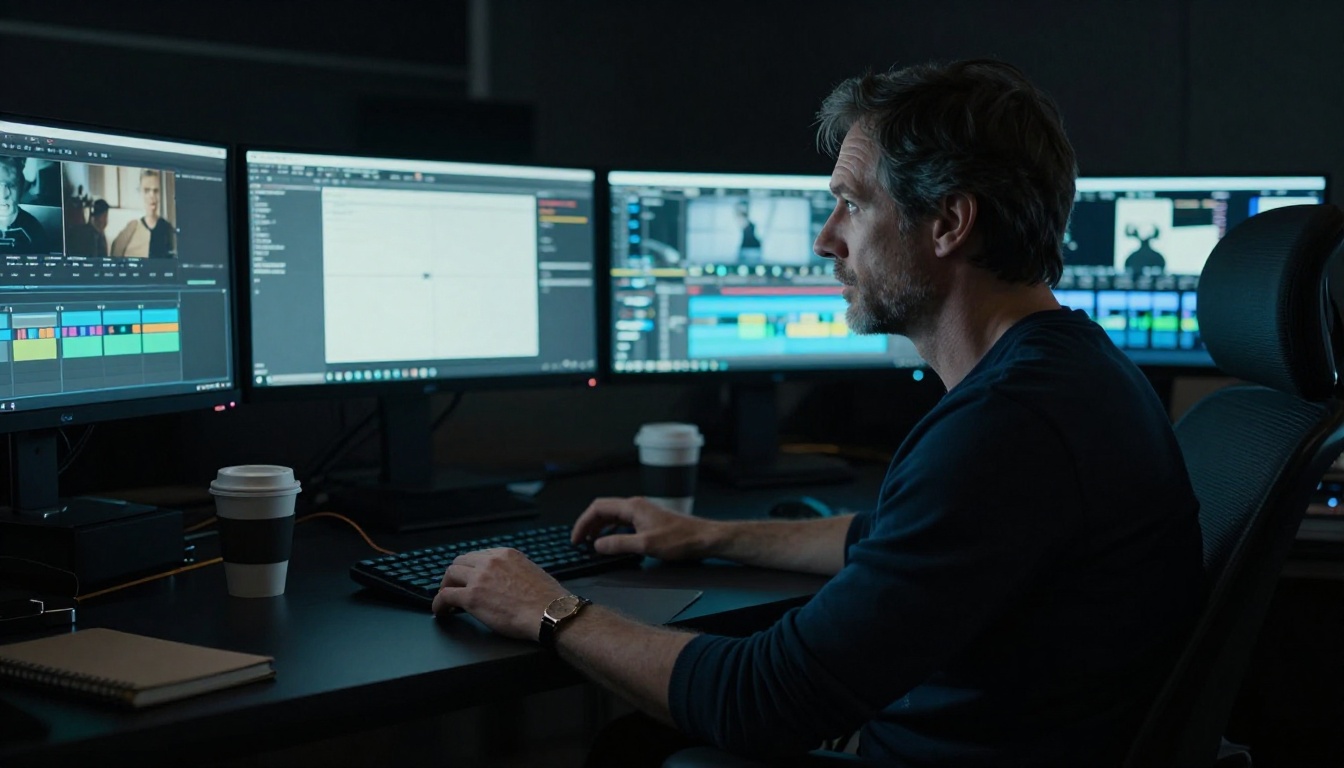 A professional video editor studying a multi-track timeline in a darkened editing suite A professional video editor studying a multi-track timeline in a darkened editing suite