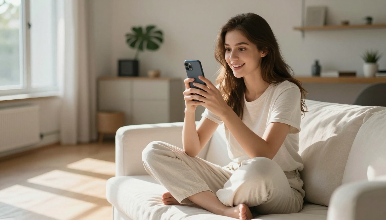 Woman on couch reacting with delight to AI response on smartphone