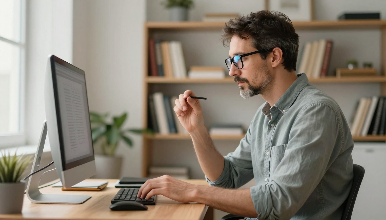 Man at standing desk reading AI output with focus