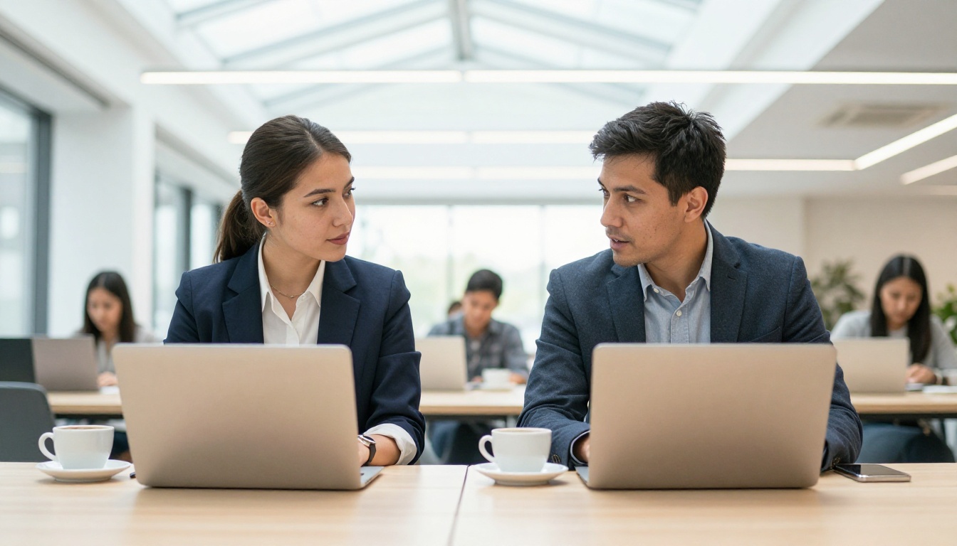 Two colleagues reviewing AI output on laptop in bright co-working space