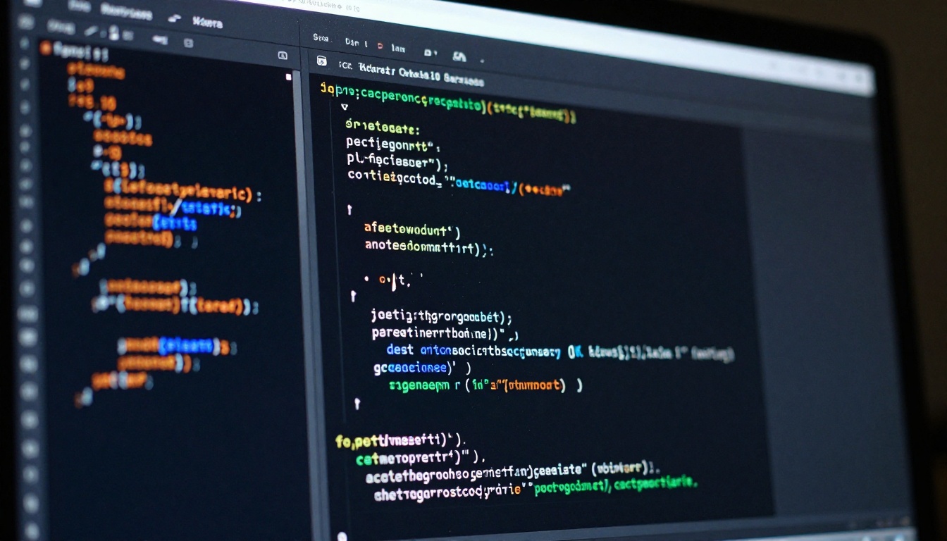 Close-up of a dark monitor showing a split-screen code editor with AI suggestion panel on the right side