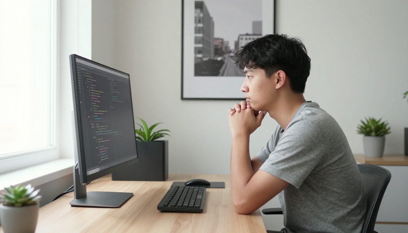 Developer leaning forward with chin on hands, intently studying a tall portrait-mode monitor with code