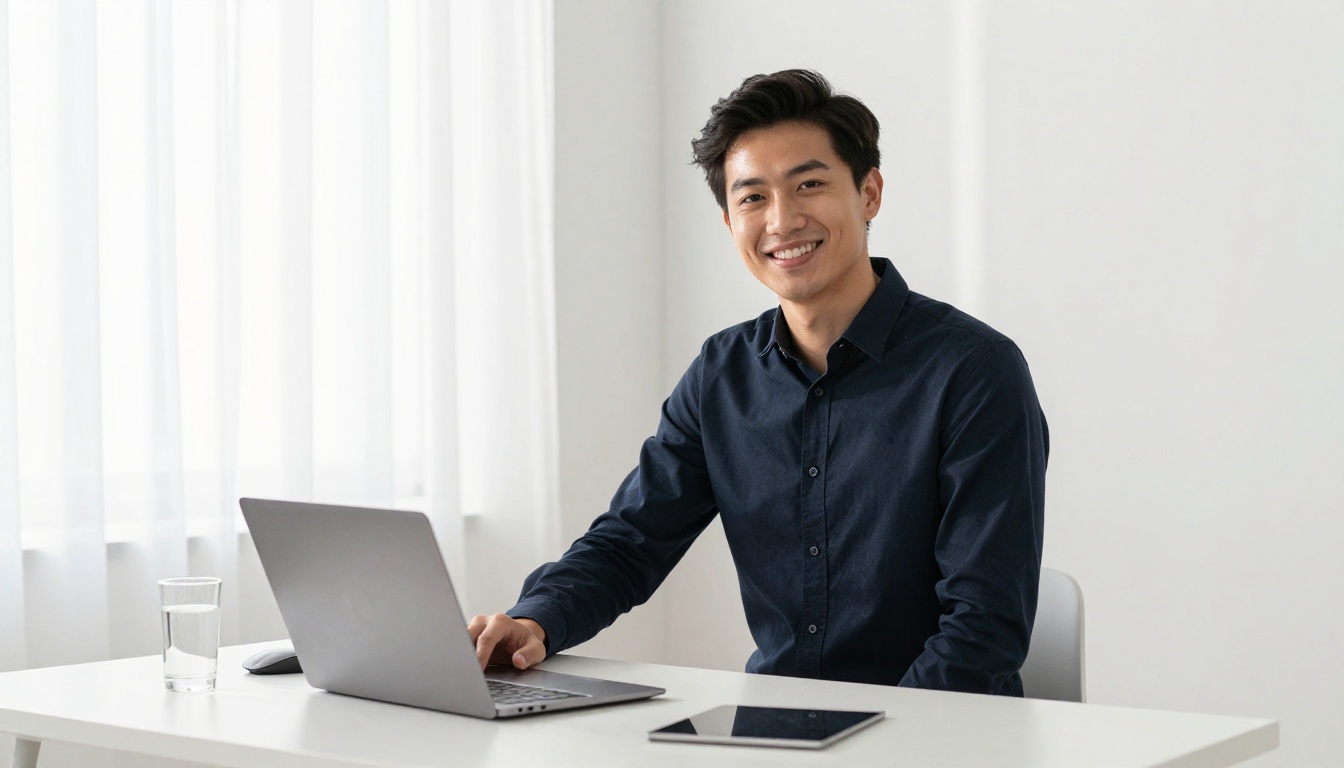 Confident developer standing at their desk with a relaxed smile, completed project visible on laptop screen
