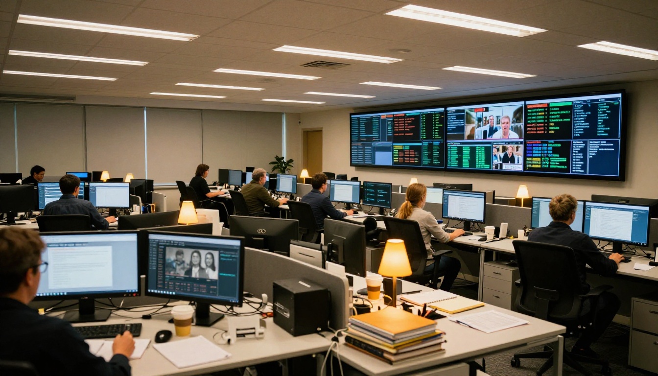 Modern newsroom with large screens and journalists at work